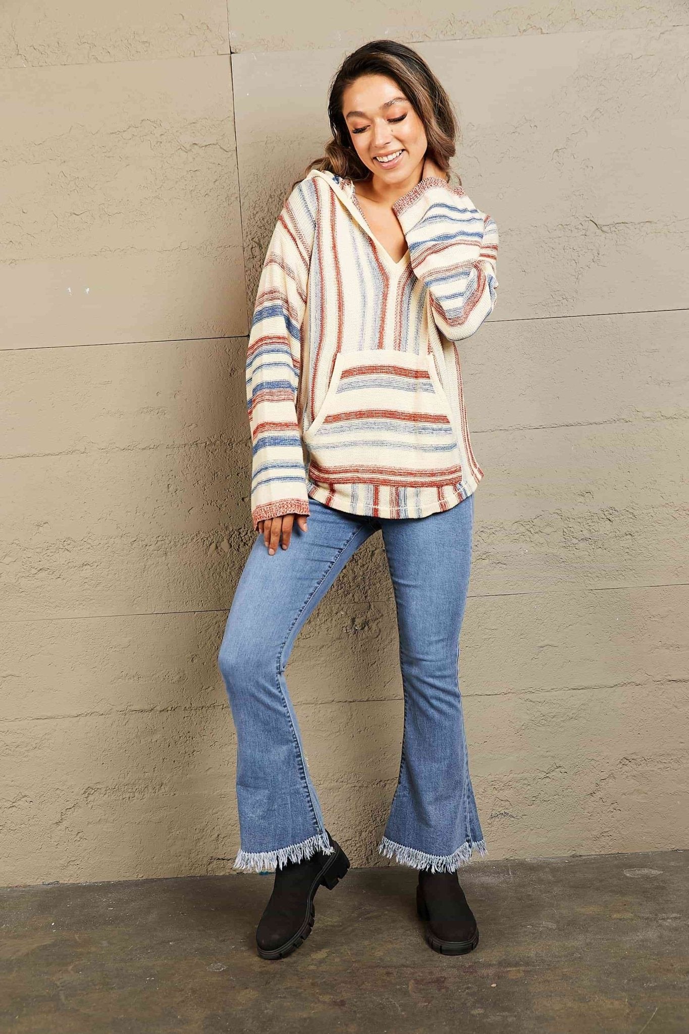 Striped Hooded Sweater with Kangaroo Pocket - LustMia