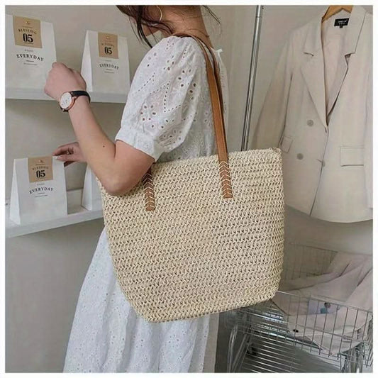 Straw Woven Tote Bag, Summer Beach Shoulder Bag, Women's Casual Handbag For Beach Travel Vacation - LustMia