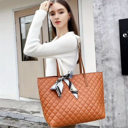 Quilted Tote Bag with Bow - Black, White, and Brown - LustMia