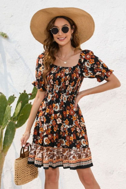 Printed Square Neck Short Sleeve Dress - LustMia