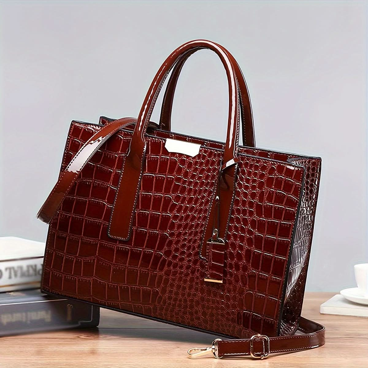 Classic Elegant Square Handbag, With Crocodile Pattern - LustMia