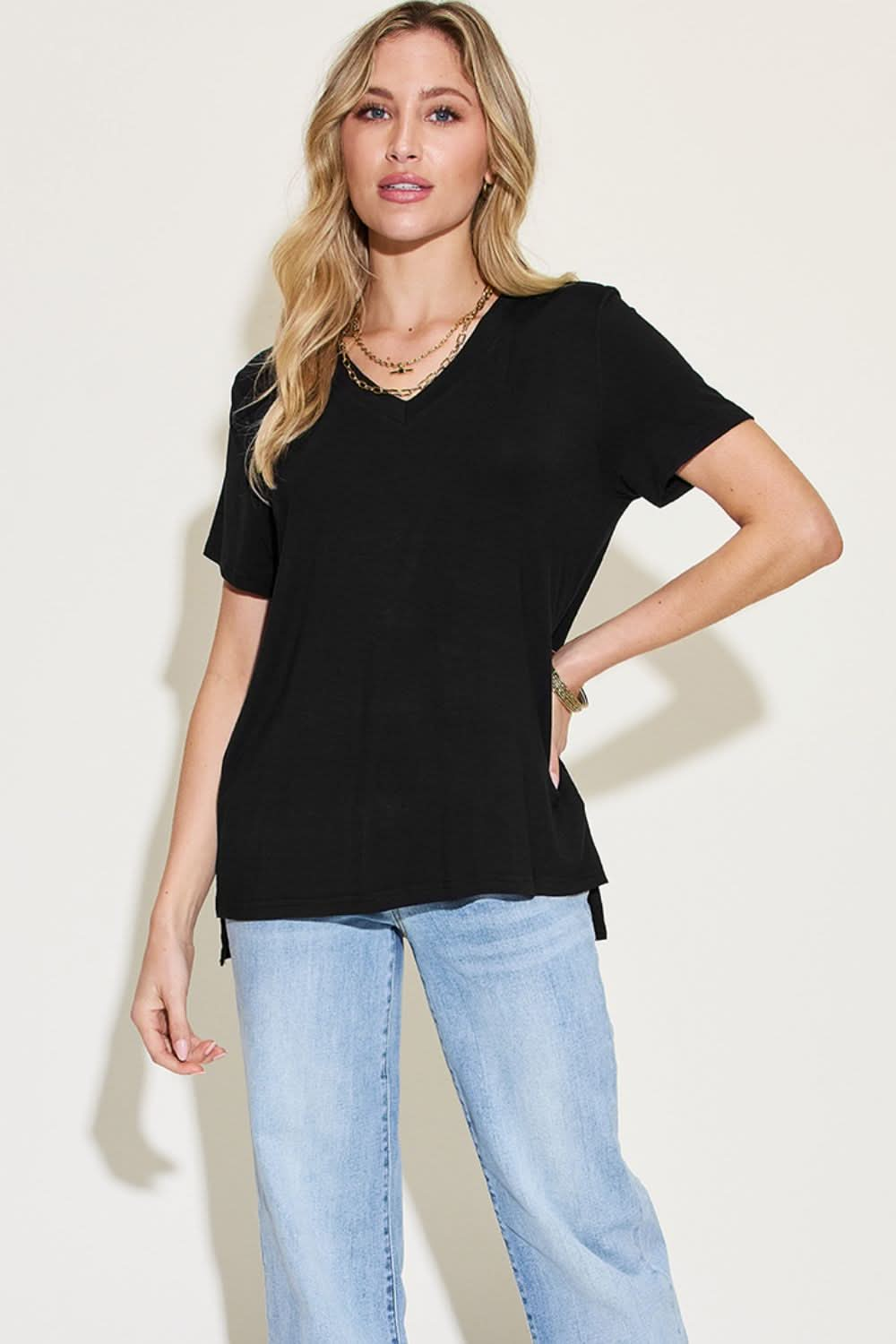 Basic Bae Full Size V - Neck High - Low T-Shirt - LustMia