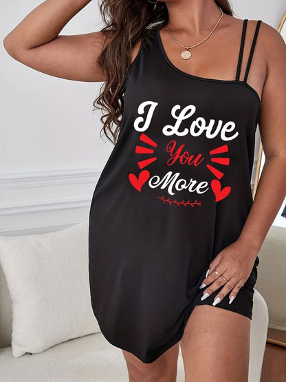 Plus Size Sexy Nightdress, Women's Plus Letter & Heart Print Asymmetric Cold Shoulder Cami Sleep Dress - LustMia