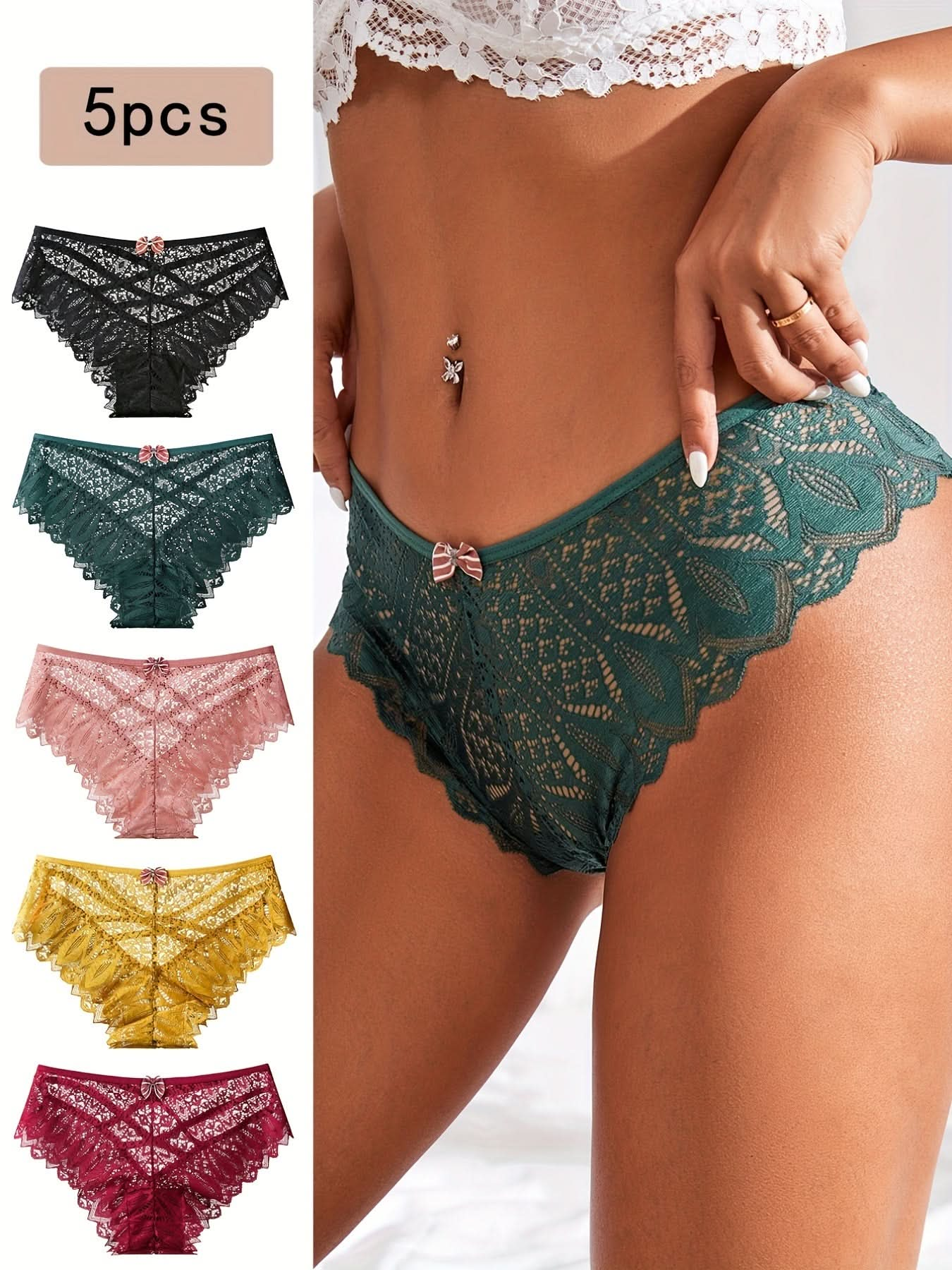 5pcs Floral Lace Bow Tie Panties, Criss Cross Hollow Out Scallop Trim Panties, Women's Lingerie & Underwear - LustMia