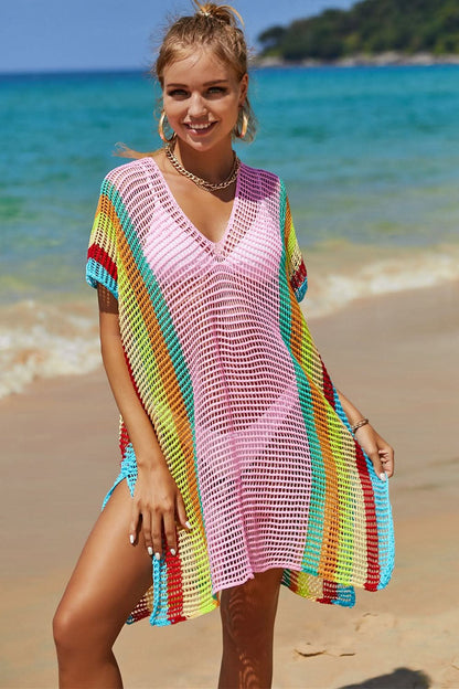 Openwork Striped Slit Knit Cover Up - LustMia