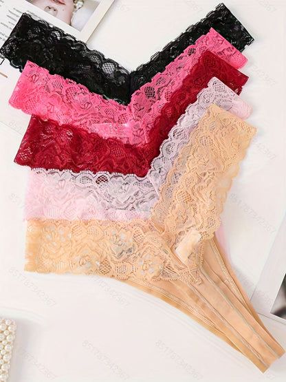 5pcs Lace Stitching Thongs, Sexy Low Waist Semi - Sheer Thong Panties, Women's Lingerie & Underwear - LustMia