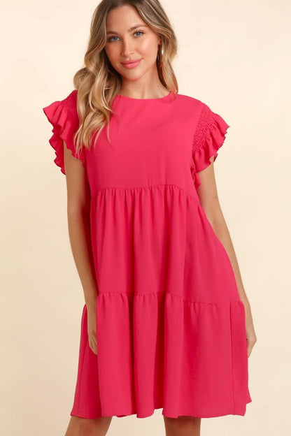 Haptics Full Size Smocking Ruffle Short Sleeve Dress with Pockets - LustMia