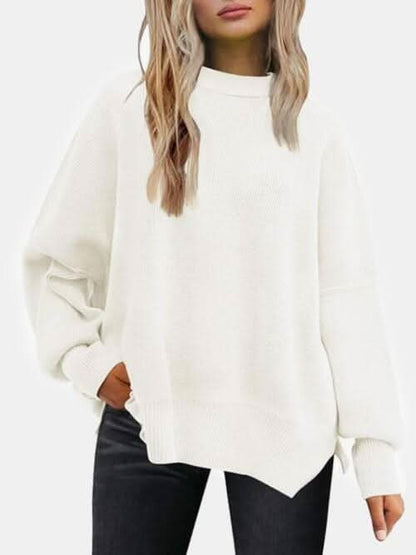 Round Neck Drop Shoulder Slit Sweater - LustMia