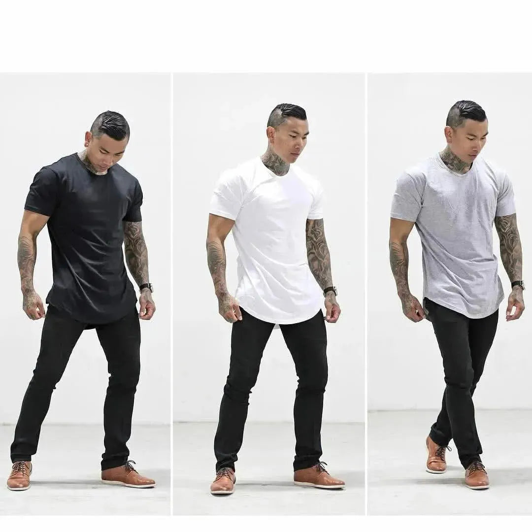 Men T Shirt Solid Colors Casual Workout Shirts Curved Hem T-Shirt Men Fashion Streetwear 3XL - LustMia
