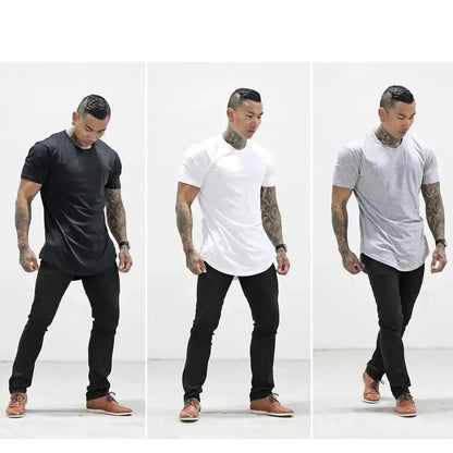 Men T Shirt Solid Colors Casual Workout Shirts Curved Hem T-Shirt Men Fashion Streetwear 3XL - LustMia