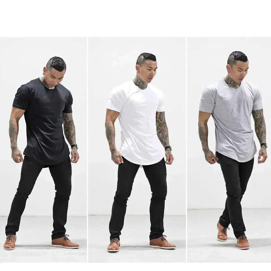 Men T Shirt Solid Colors Casual Workout Shirts Curved Hem T-Shirt Men Fashion Streetwear 3XL - LustMia