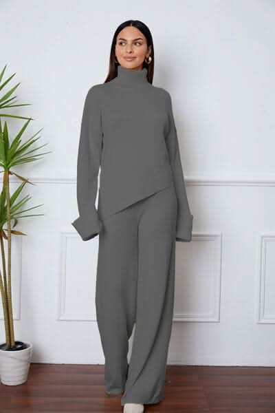 Turtleneck Dropped Shoulder Top and Pants Sweater Set - LustMia