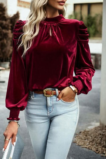 Tie Up Mock Neck Velvet Fabric Long Sleeve Blouse - LustMia