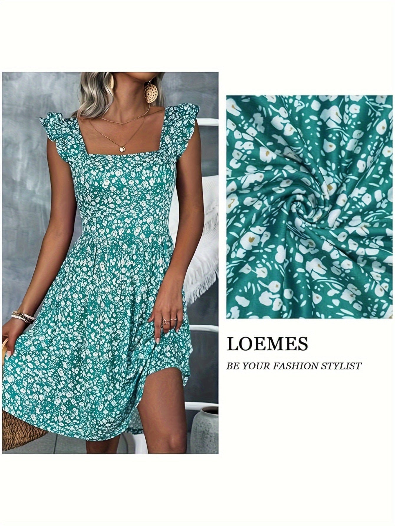 Floral Square Neck Dress with Ruffle Hem Pockets - LustMia