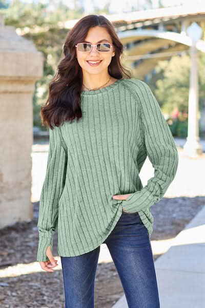 Basic Bae Full Size Ribbed Round Neck Long Sleeve Knit Top - LustMia