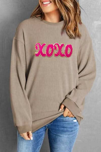 XOXO Sequin Round Neck Dropped Shoulder Sweatshirt - LustMia