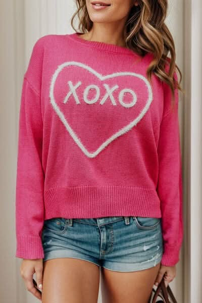 XOXO Heart Round Neck Dropped Shoulder Sweater - LustMia