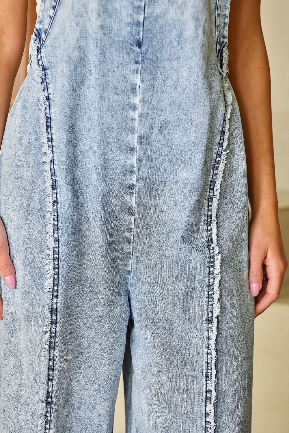 Beau Blue Light Wash Frayed Exposed Seam Wide Leg Denim Overall - LustMia