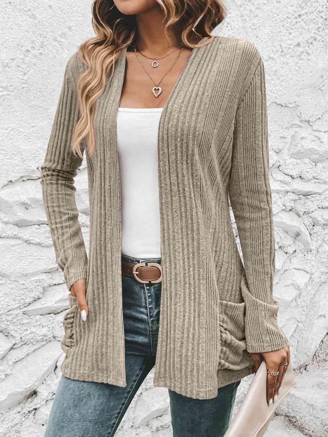 Ribbed Open Front Cardigan with Pockets - LustMia