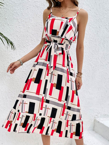 Ruffled Printed Tie Waist Midi Dress - LustMia