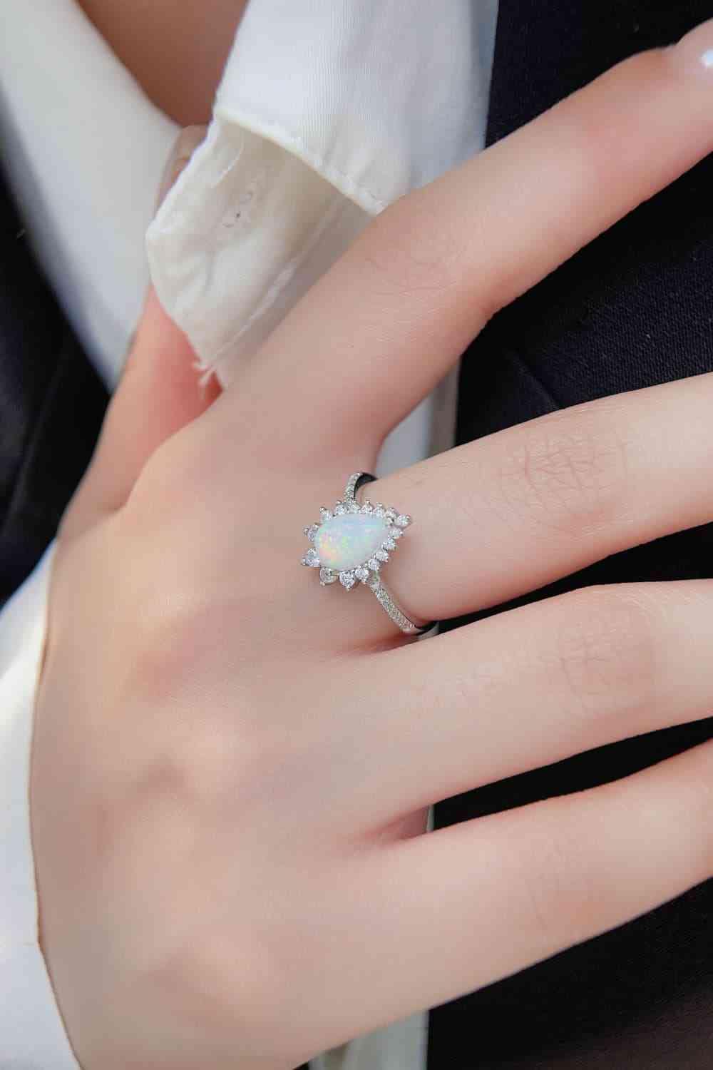 Platinum - Plated Opal Pear Shape Ring - LustMia