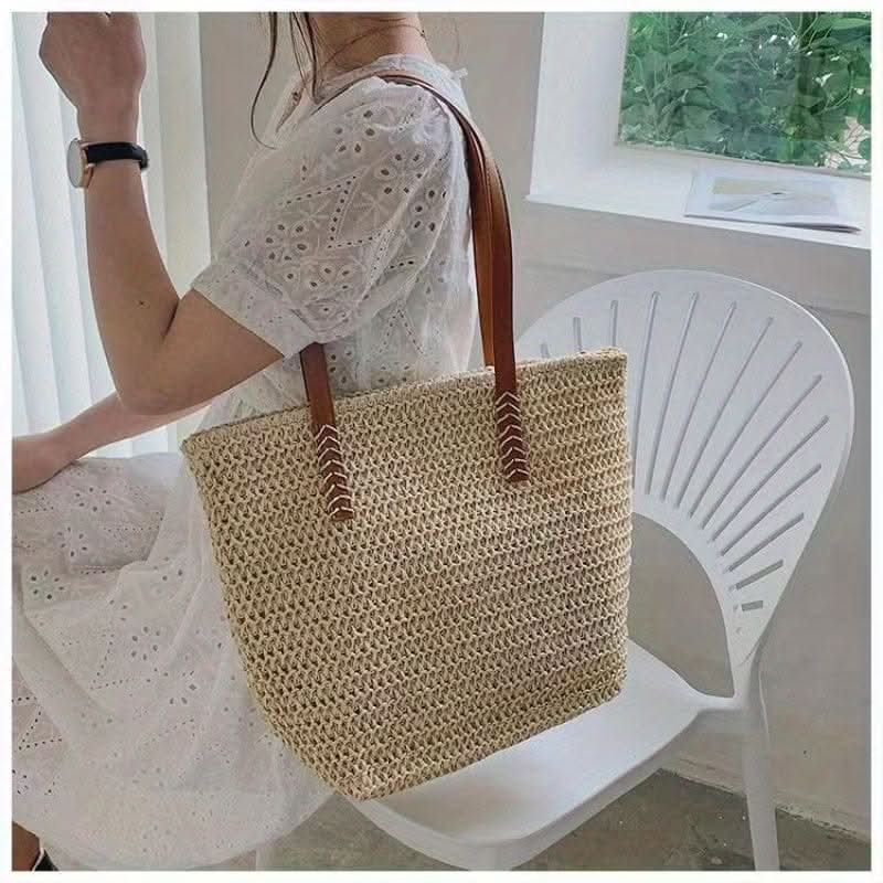 Straw Woven Tote Bag, Summer Beach Shoulder Bag, Women's Casual Handbag For Beach Travel Vacation - LustMia