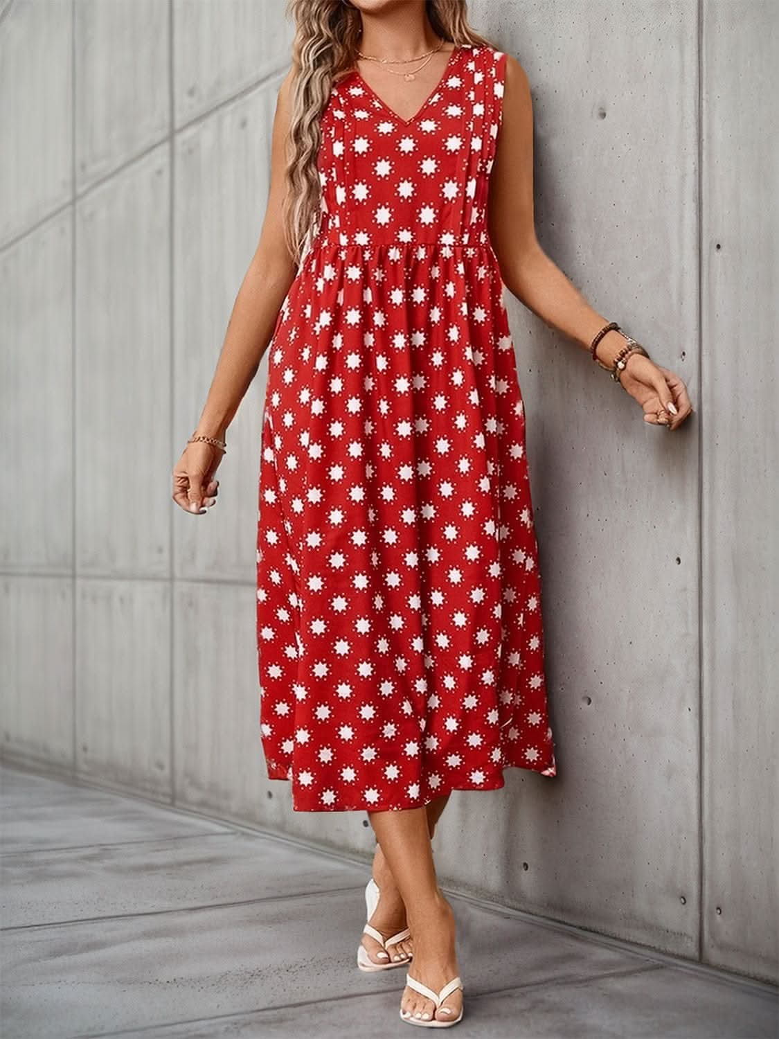 Printed V - Neck Sleeveless Midi Dress - LustMia