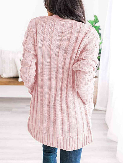 Cable - Knit Buttoned Cardigan with Pockets - LustMia