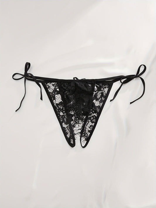 Solid Lace Eyelash Panties, Bow Knot Open Crotch Intimates Panties, Women's Sexy Lingerie & Underwear - LustMia