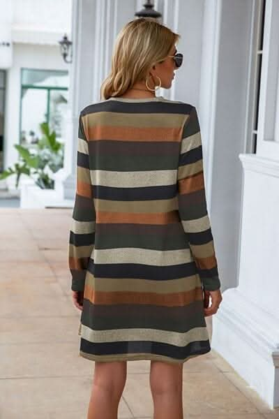 Striped Round Neck Long Sleeve Dress - LustMia