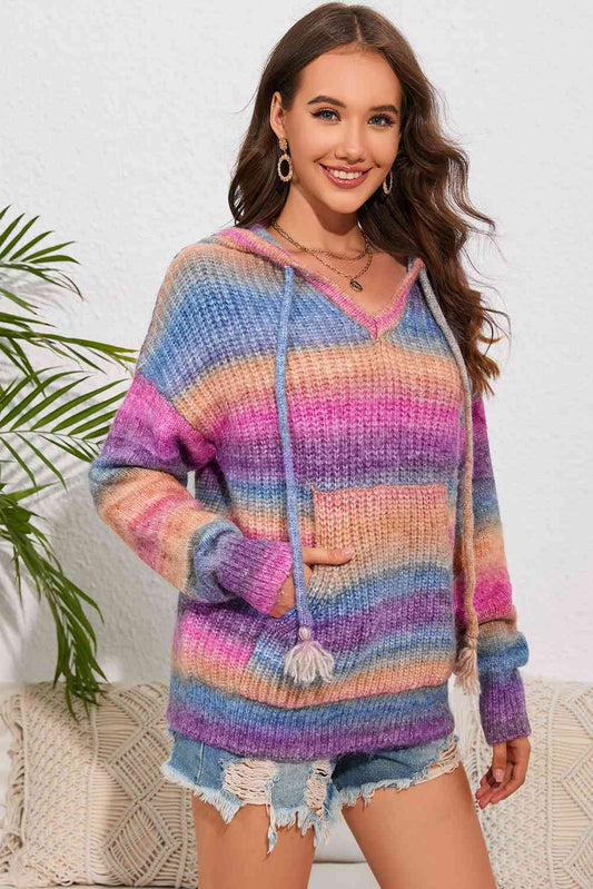 Multicolor Dropped Shoulder Hooded Sweater - LustMia