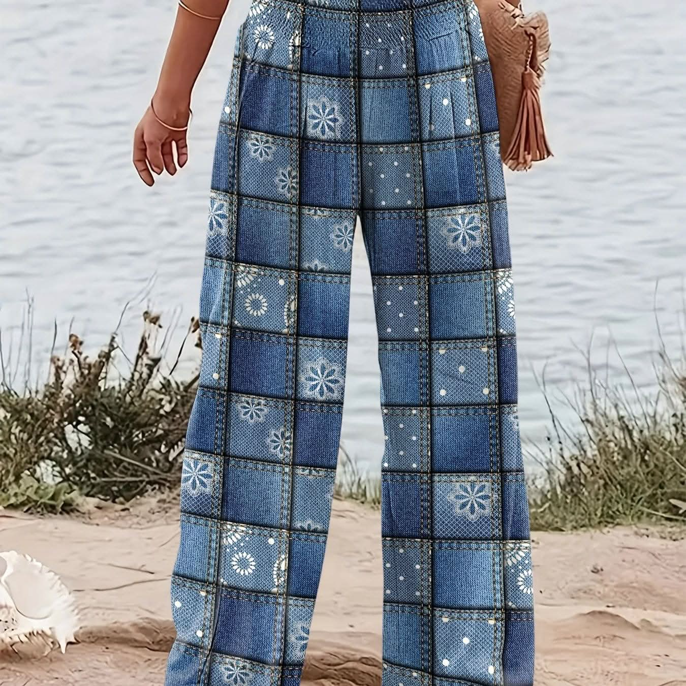 Chic Patchwork Wide Leg Pants Flowy Vacation Style - LustMia