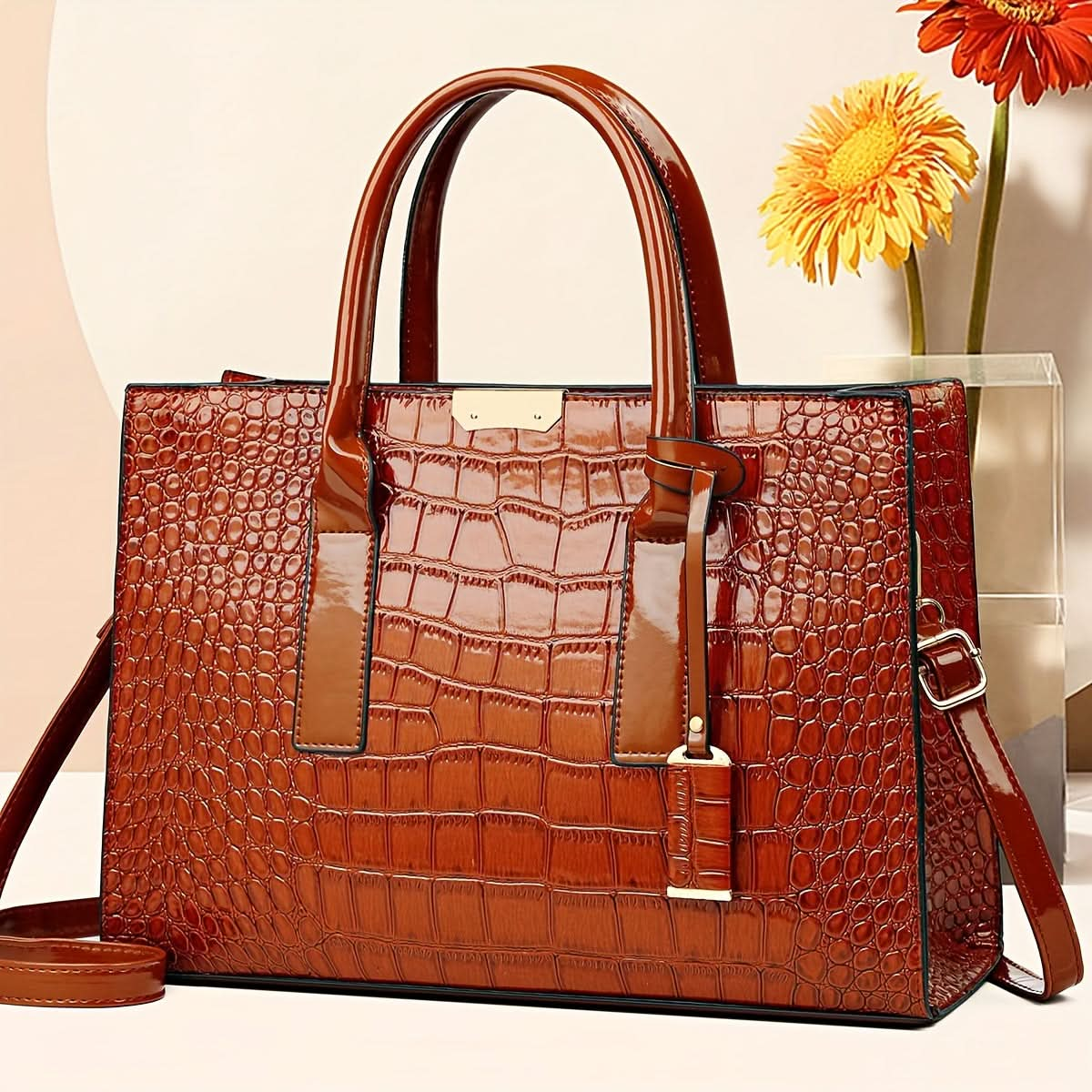 Classic Elegant Square Handbag, With Crocodile Pattern - LustMia