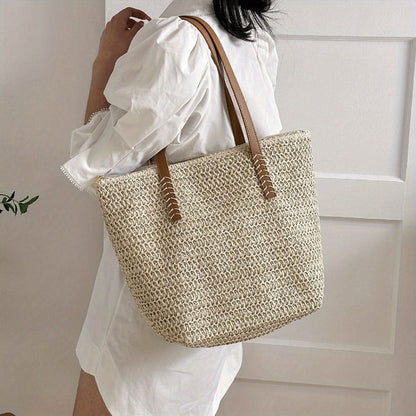 Large Capacity Boho Straw Woven Tote Bag - Stylish Beach & Travel Shoulder Bag - Handcrafted, Durable, Lightweight, Perfect for Vacations - LustMia