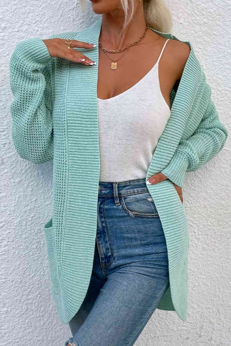 Open Front Rib - Knit Cardigan with Pockets - LustMia