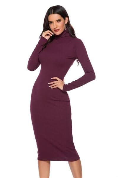 Ribbed Turtleneck Long Sleeve Dress - LustMia