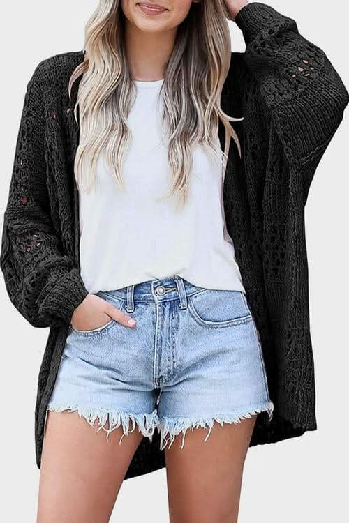 Openwork Open Front Long Sleeve Cardigan - LustMia