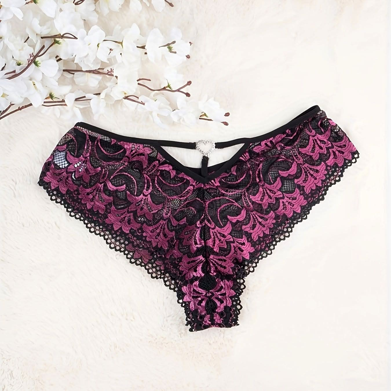 Plus Size Sexy Panty, Women's Plus Floral Lace Rhinestone Heart Ring Linked High Stretch Brief - LustMia