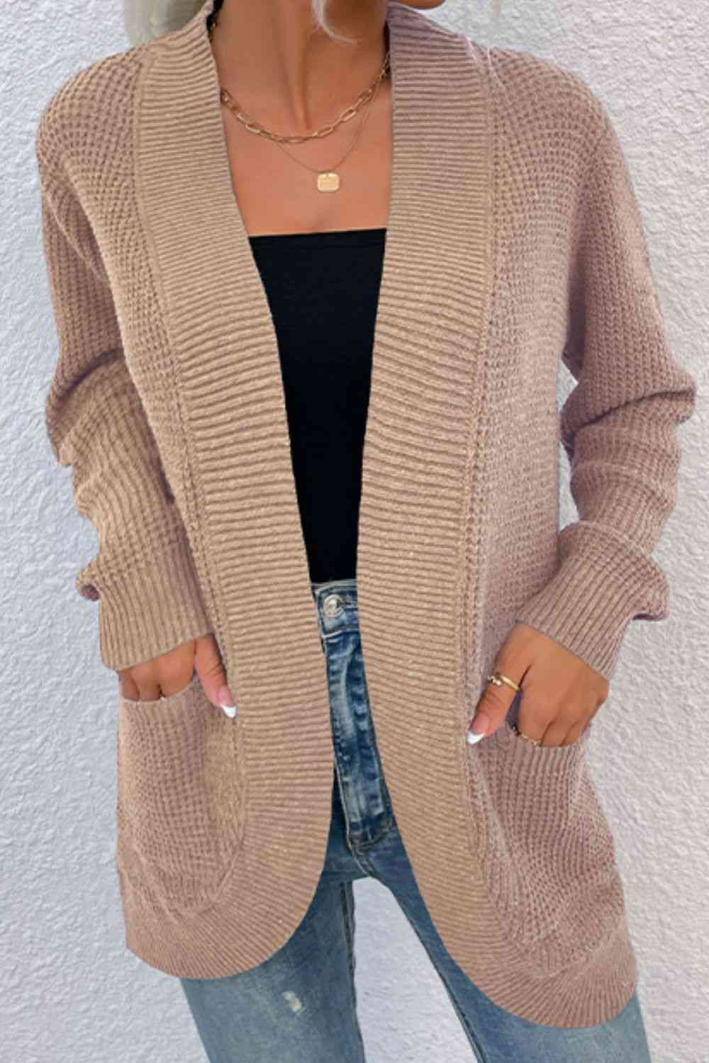 Open Front Rib - Knit Cardigan with Pockets - LustMia