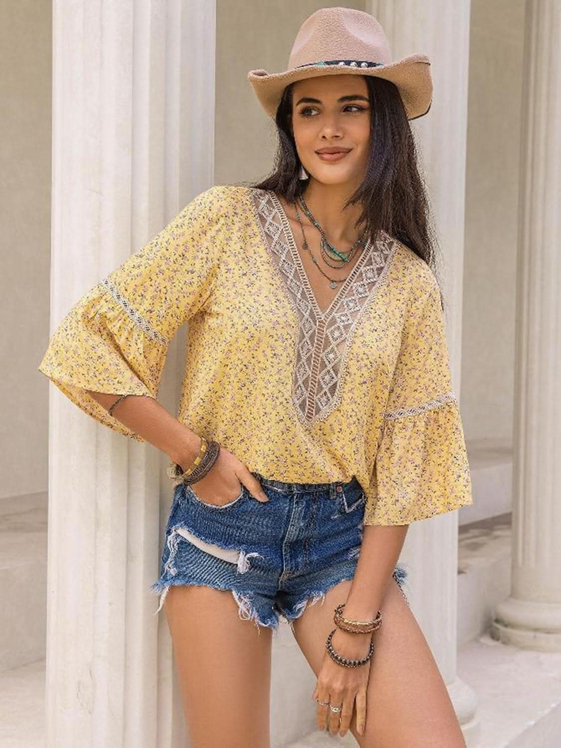 Ditsy Floral V - Neck Blouse - LustMia