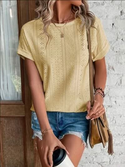 Eyelet Round Neck Short Sleeve T-Shirt - LustMia