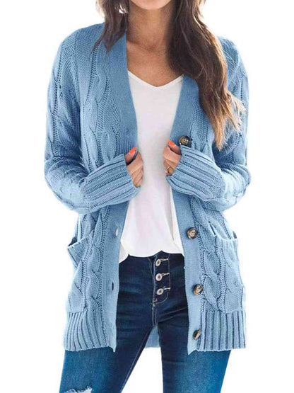 Cable - Knit Buttoned Cardigan with Pockets - LustMia