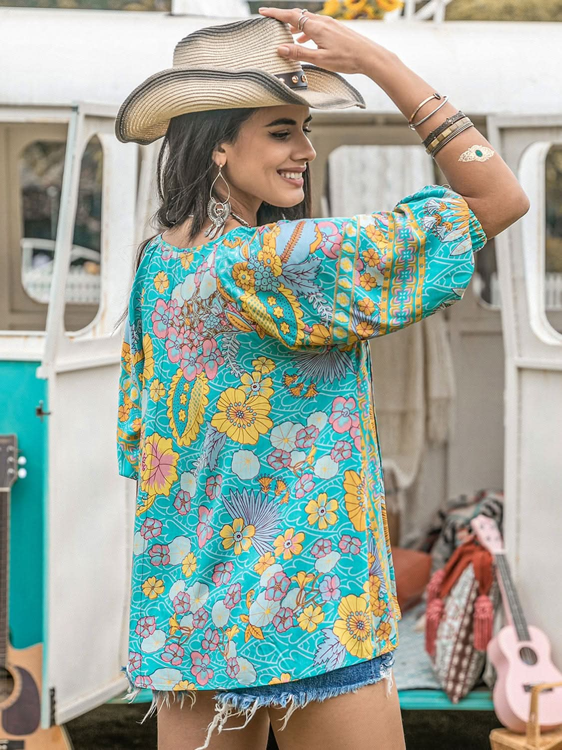 Printed Tie Neck Half Sleeve Blouse - LustMia