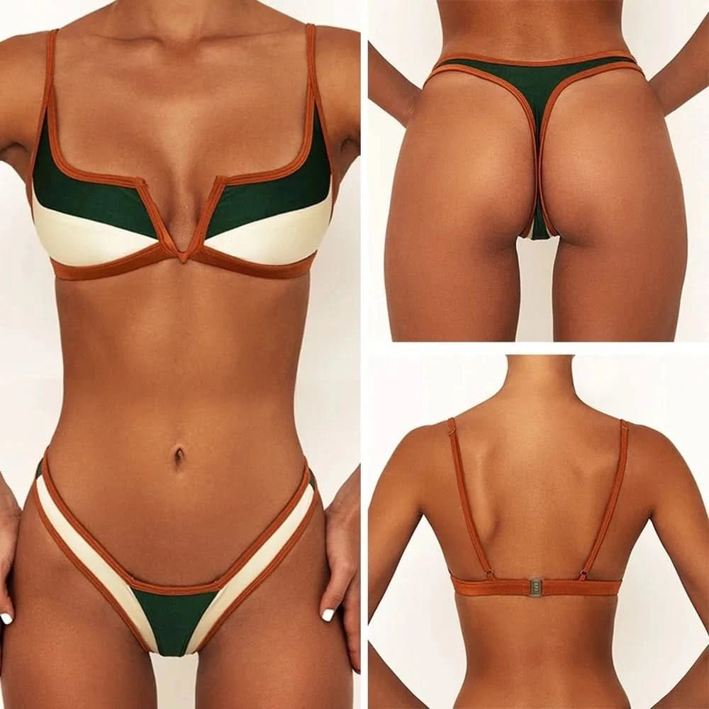 2022 Summer Bathing Suit Women V - bar Green Bathing Suits Vintage Bikini Patchwork Swimsuit Thong Brazilian Sexy Swimwear - LustMia