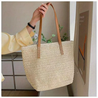 Straw Woven Tote Bag, Summer Beach Shoulder Bag, Women's Casual Handbag For Beach Travel Vacation - LustMia