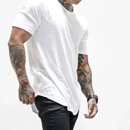 Men T Shirt Solid Colors Casual Workout Shirts Curved Hem T-Shirt Men Fashion Streetwear 3XL - LustMia