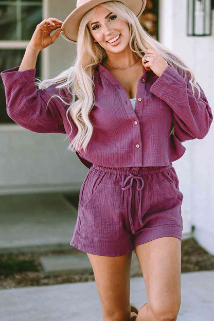 Buttoned Long Sleeve Top and Shorts Set - LustMia