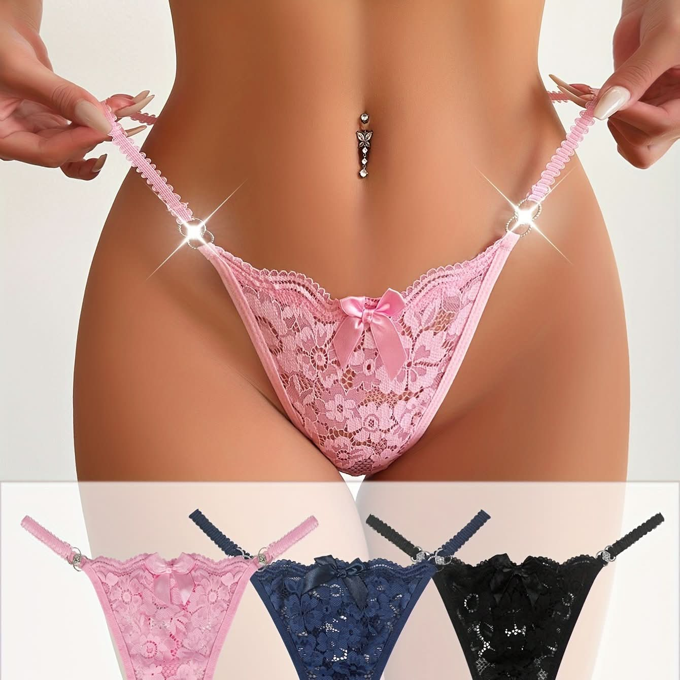 3pcs Floral Lace Bow Thongs, Semi - sheer Ring Linked Panties, Women's Lingerie & Underwear - LustMia