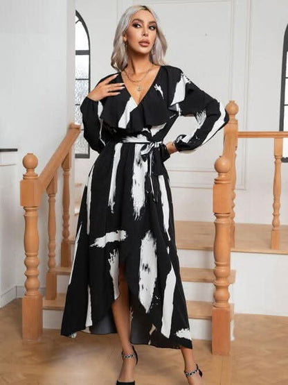 Printed Tie Front Ruffle Trim Long Sleeve Dress - LustMia