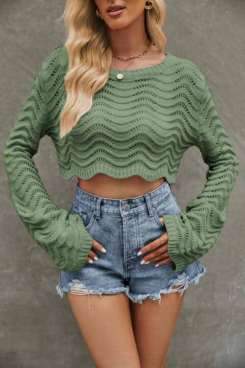 Round Neck Long Sleeve Cropped Sweater - LustMia